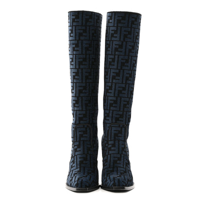 Fendi Chenille Jacquard FF 110mm Knee Boots 39 Black Blue 2 of 8