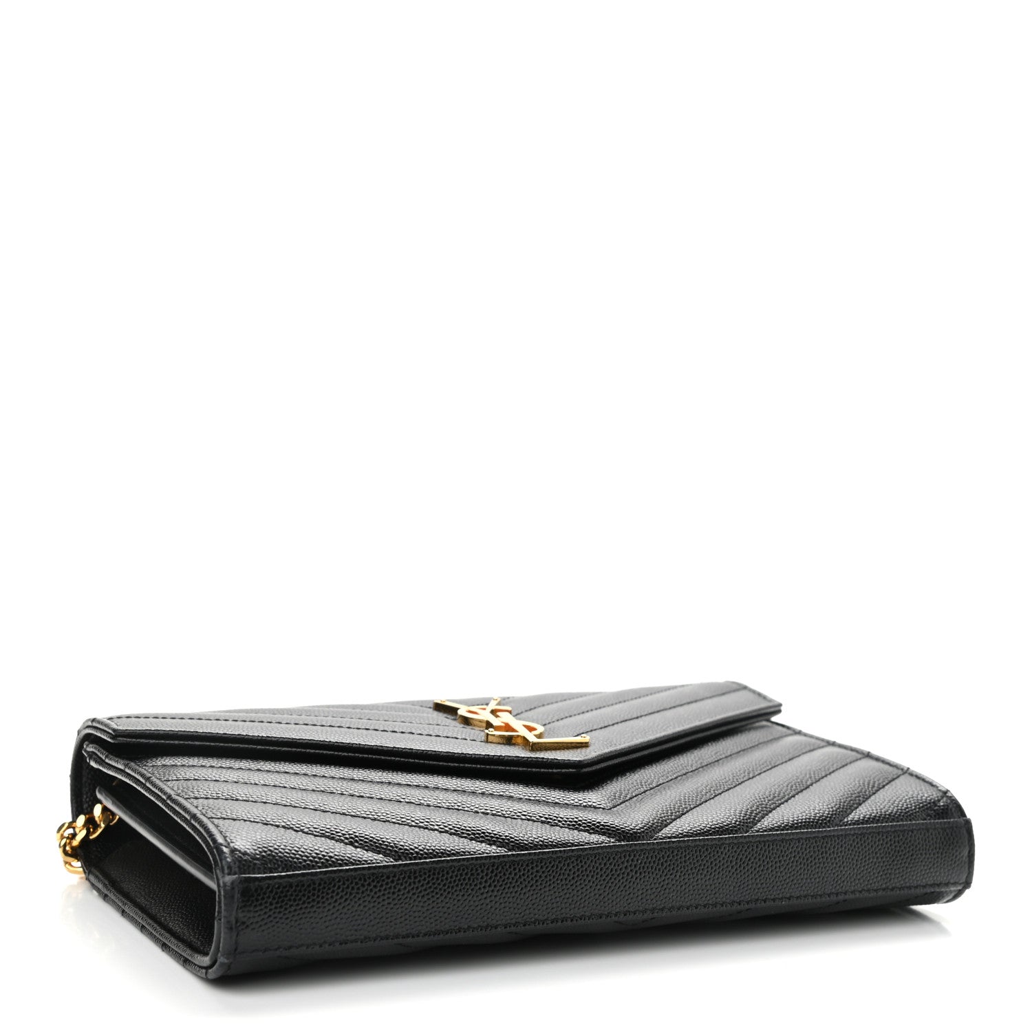 Saint Laurent Grain De Poudre Matelasse Chevron Monogram Chain Wallet Black 4 of 10
