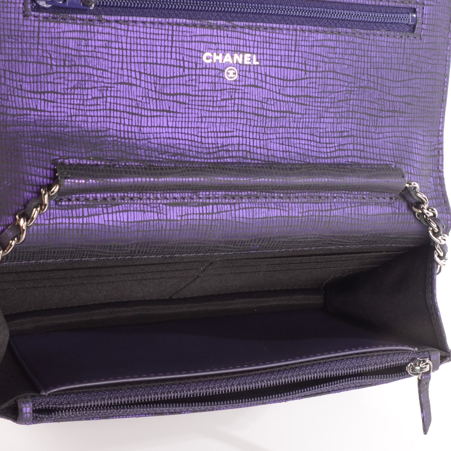 Chanel Iridescent Stamped Calfskin Timeless Wallet on Chain WOC Purple 6 of 9