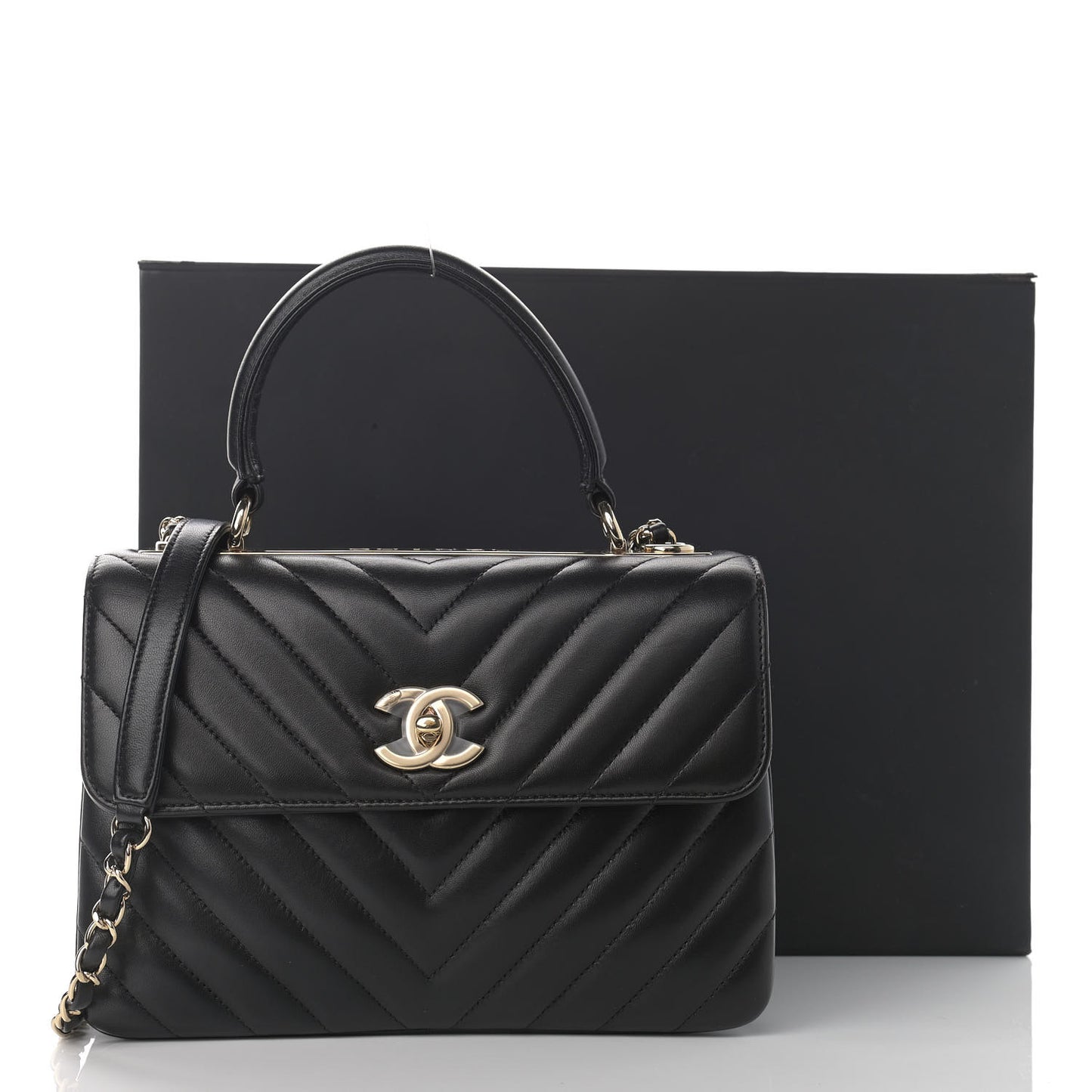 Lambskin Chevron Quilted Small Trendy CC Dual Handle Flap Bag Black