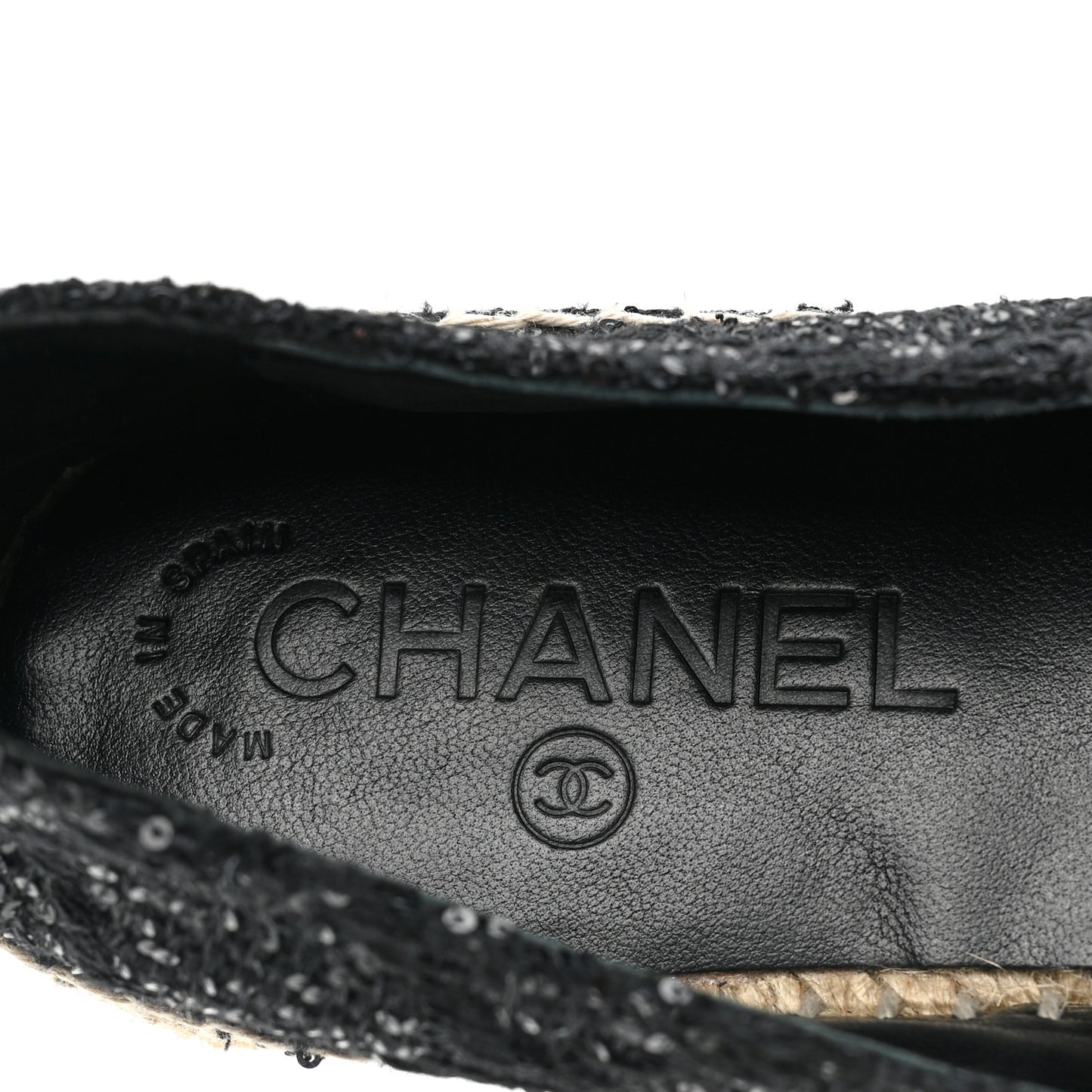Tweed Patent Goatskin Sequin CC Espadrilles 36 Black