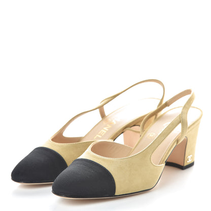 Chanel Kid Suede Grosgrain Cap Toe CC Slingback Sandals 36.5 Beige Black 3 of 8