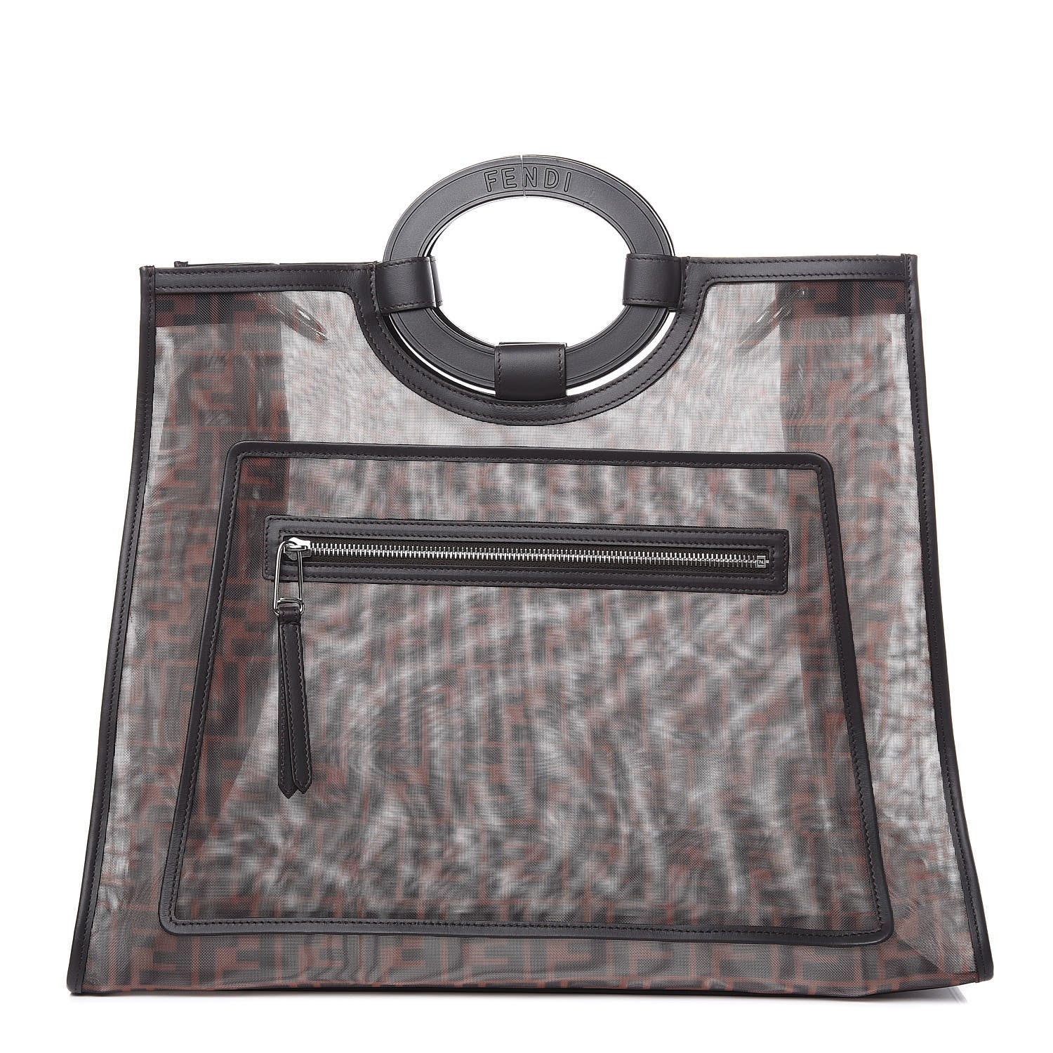 Fendi Mesh Vitello Century Cuoio FF 1974 Large Runaway Shopper Tote Marrone Black Ebano 1 of 10