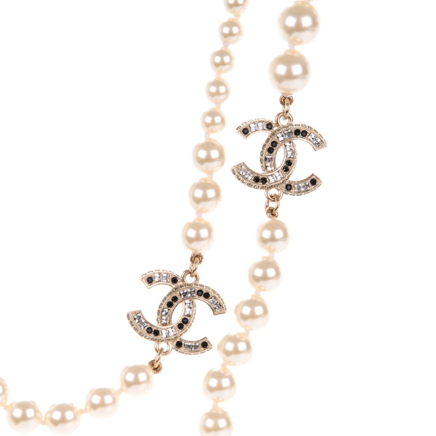 Chanel Graduated Pearl Crystal CC Long Necklace Gold Black 3 of 6