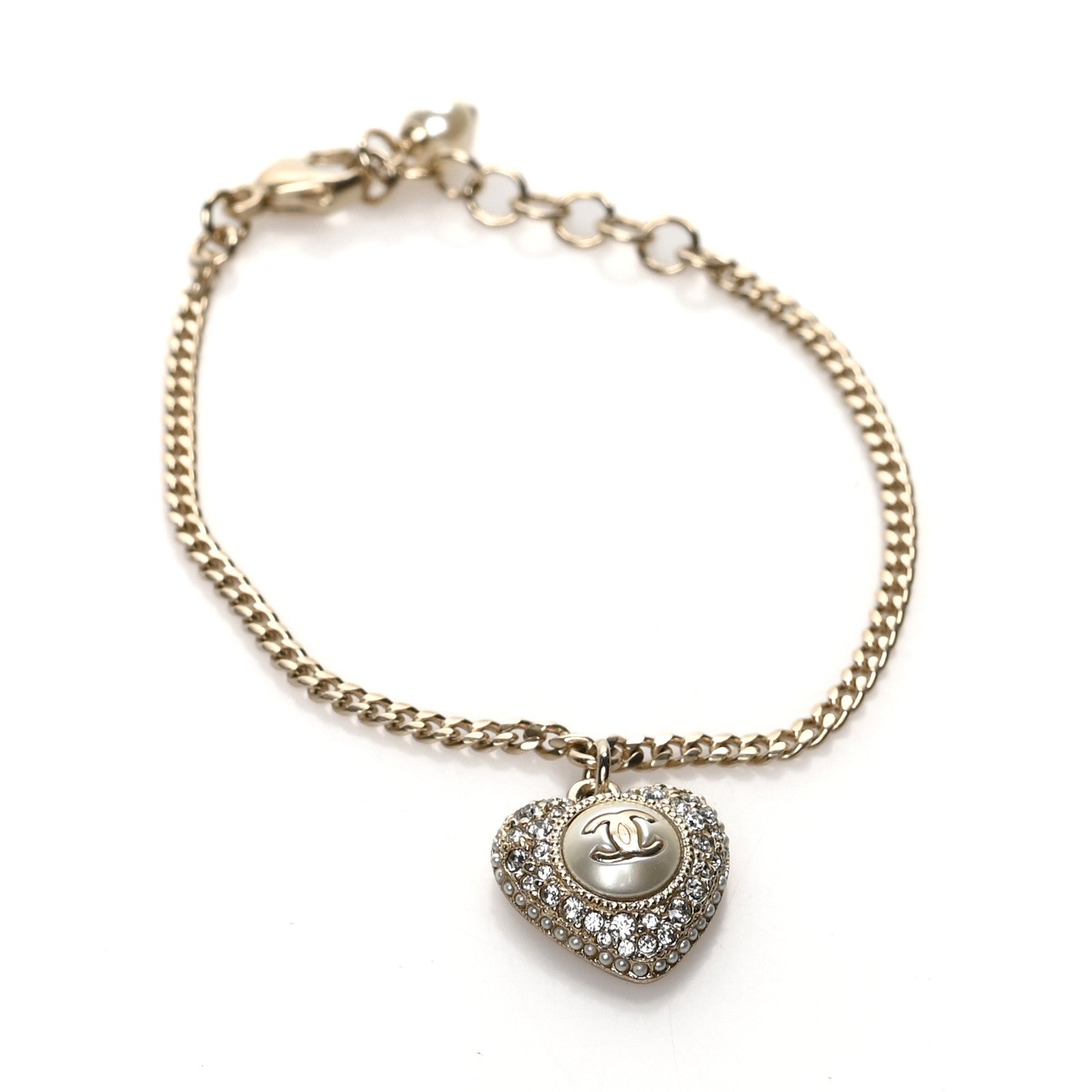 Chanel Crystal Pearl Chain Heart Bracelet Gold 1 of 5