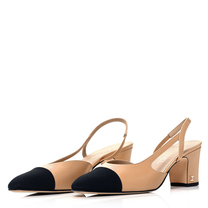 Chanel Goatskin Grosgrain Cap Toe CC Slingback Pumps 38 Beige Black 3 of 7