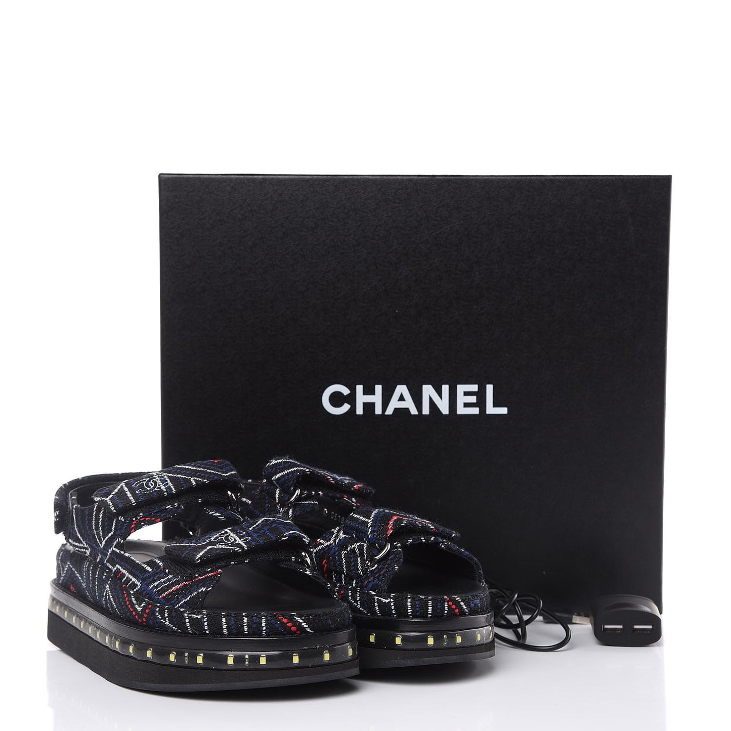 Tweed Lambskin Light Up LED Flat Sandals 36 Black Navy Red