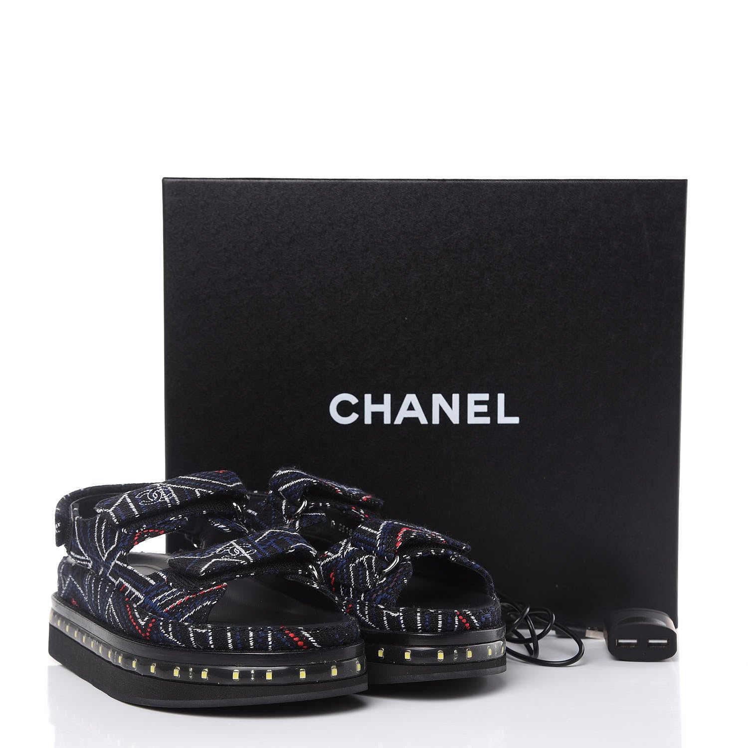 Chanel Tweed Lambskin Light Up LED Flat Sandals 36 Black Navy Red 11 of 11