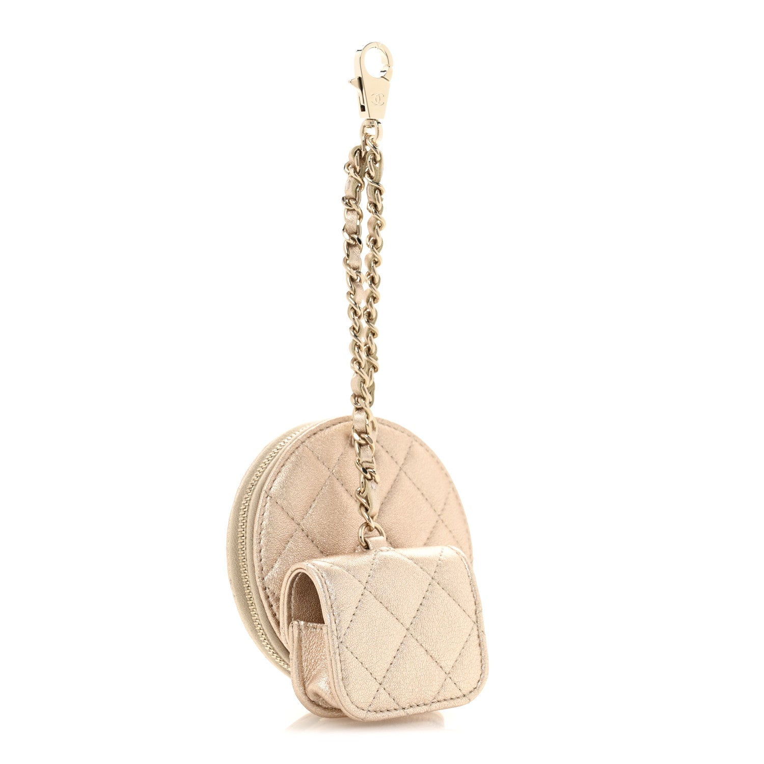 Chanel Metallic Lambskin Quilted Round Clip On Coin Purse Airpods Case Gold 3 of 8