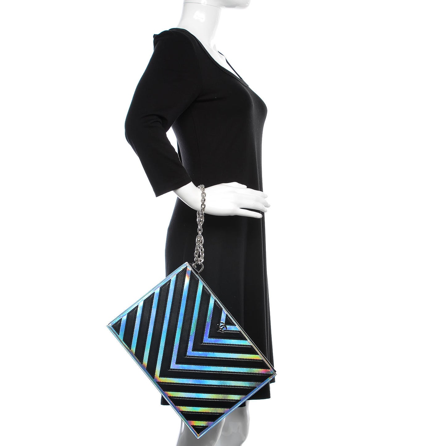 Lambskin Metallic Chevron Zip Pouch Black Silver