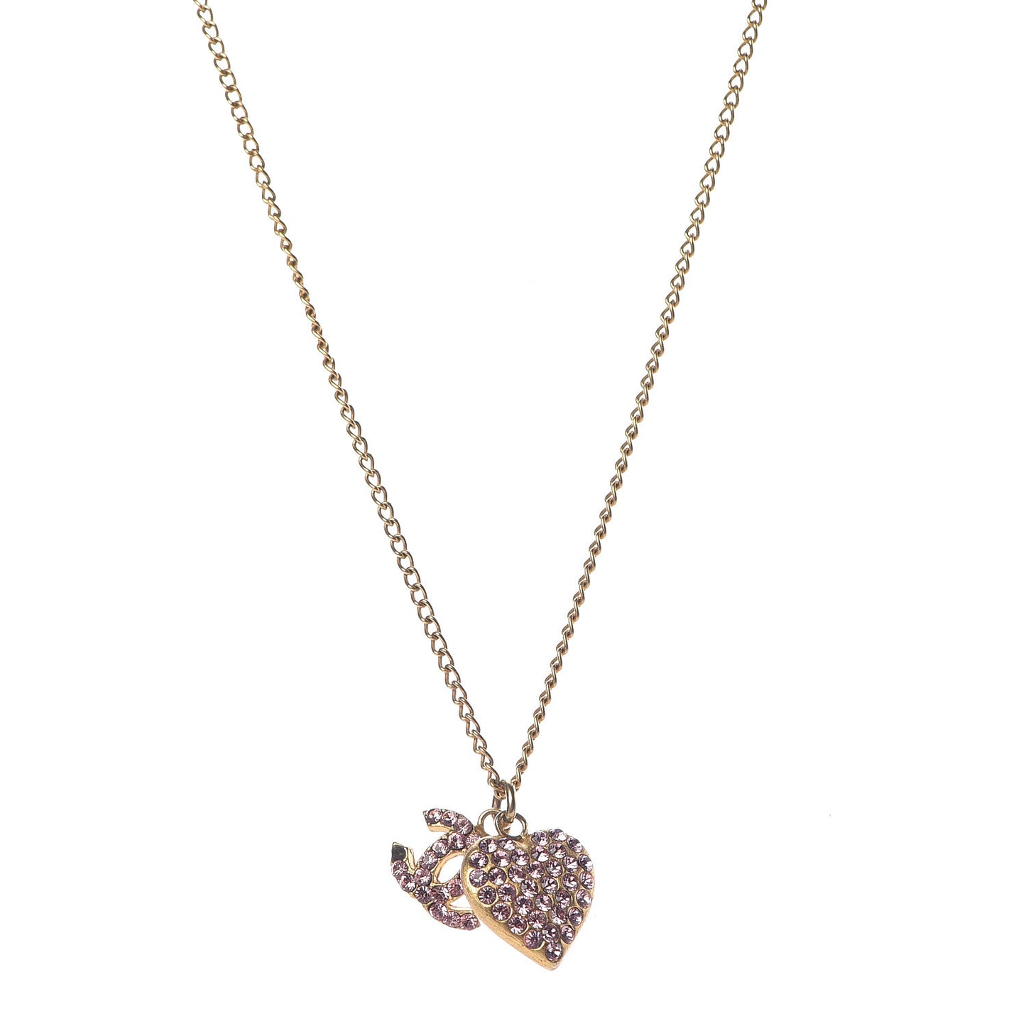 Crystal CC Heart Charm Necklace Gold Pink
