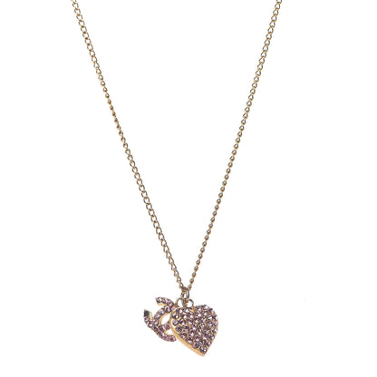 Chanel Crystal CC Heart Charm Necklace Gold Pink 1 of 9