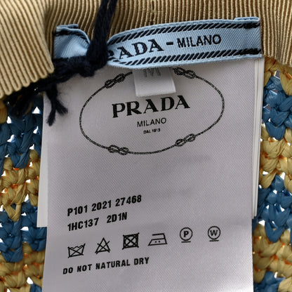 Prada Raffia Striped Logo Embroidered Womens Bucket Hat M Naturale Cielo 8 of 8