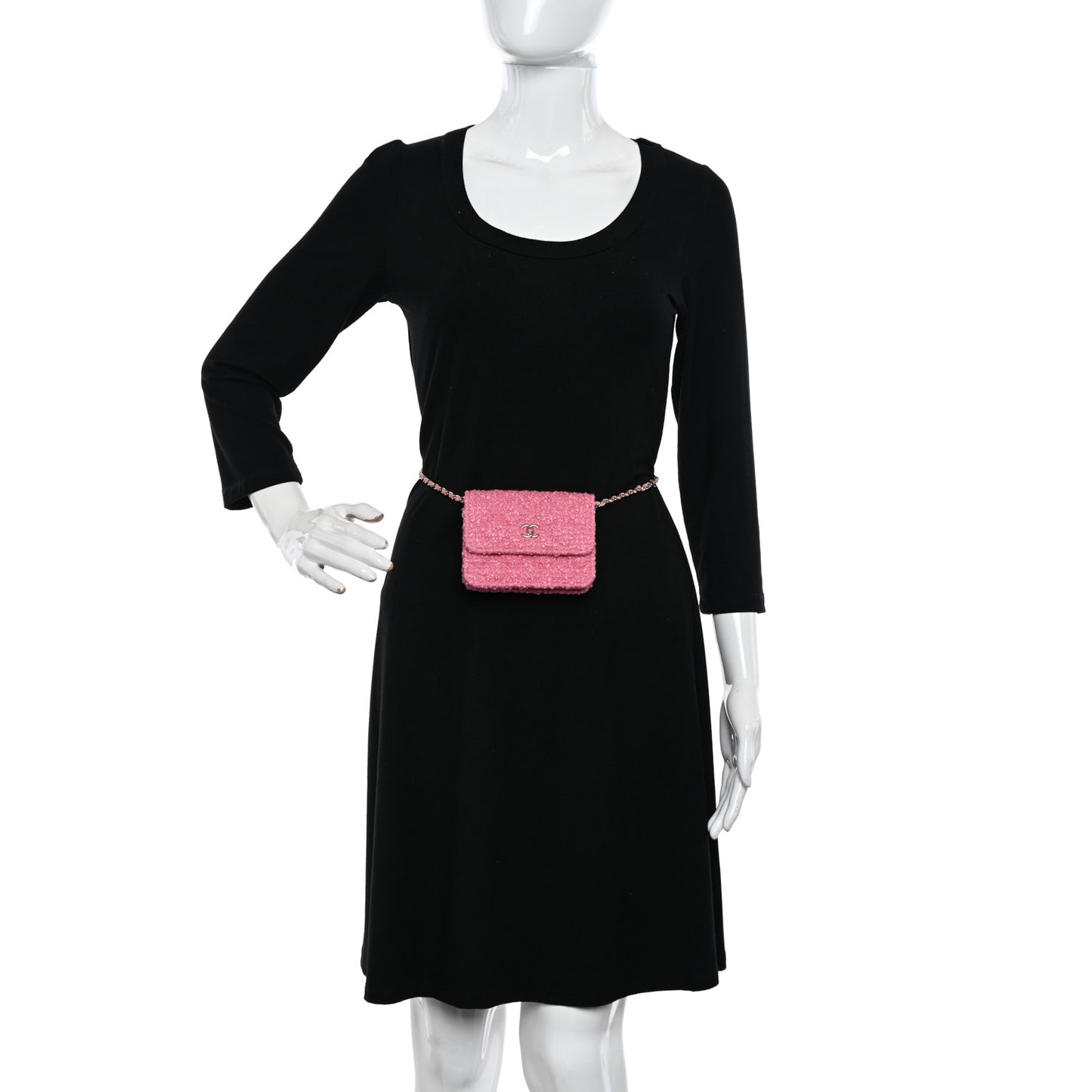 Tweed Quilted Flap Chain Waist Bag Pink