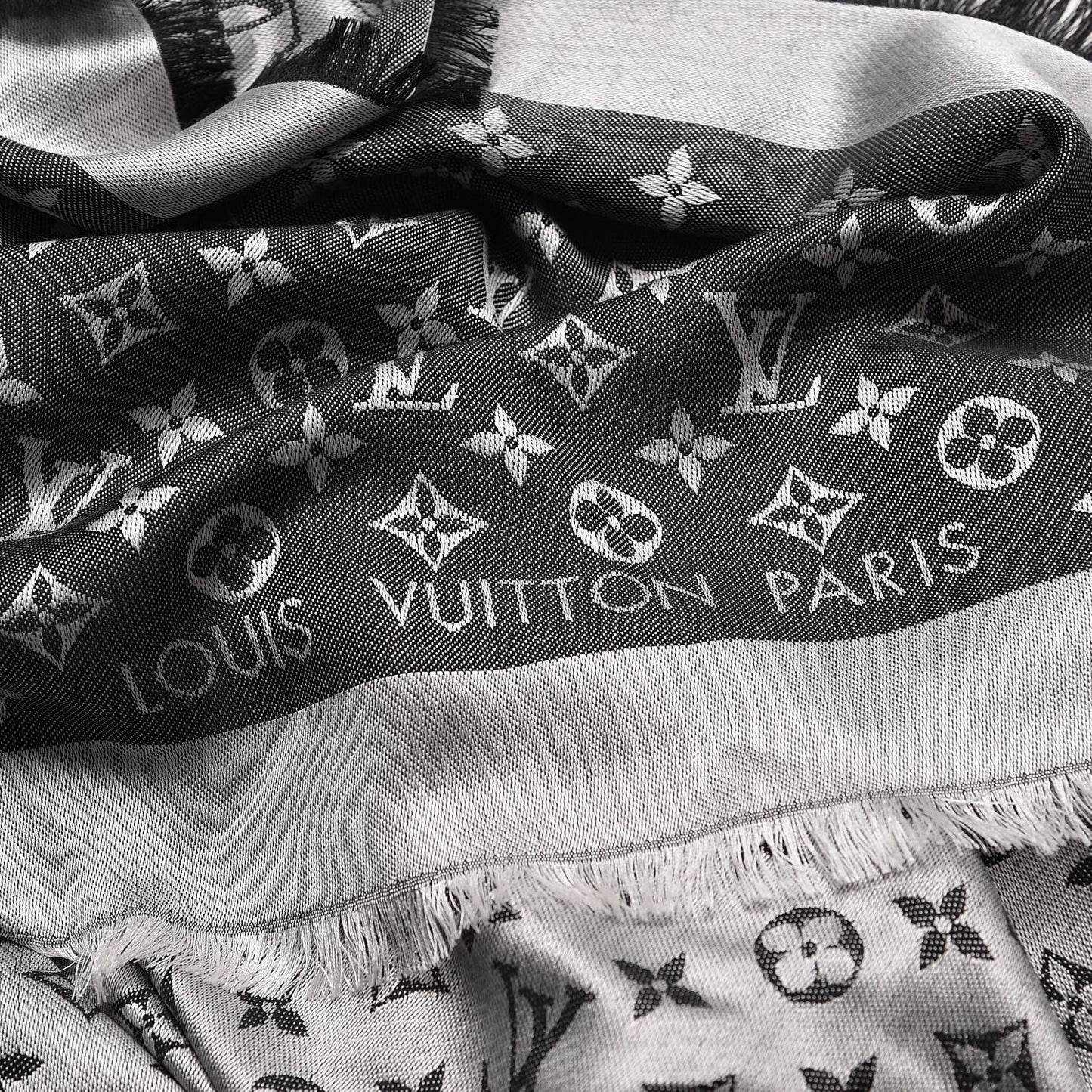 Wool Silk Monogram Denim Shawl Black
