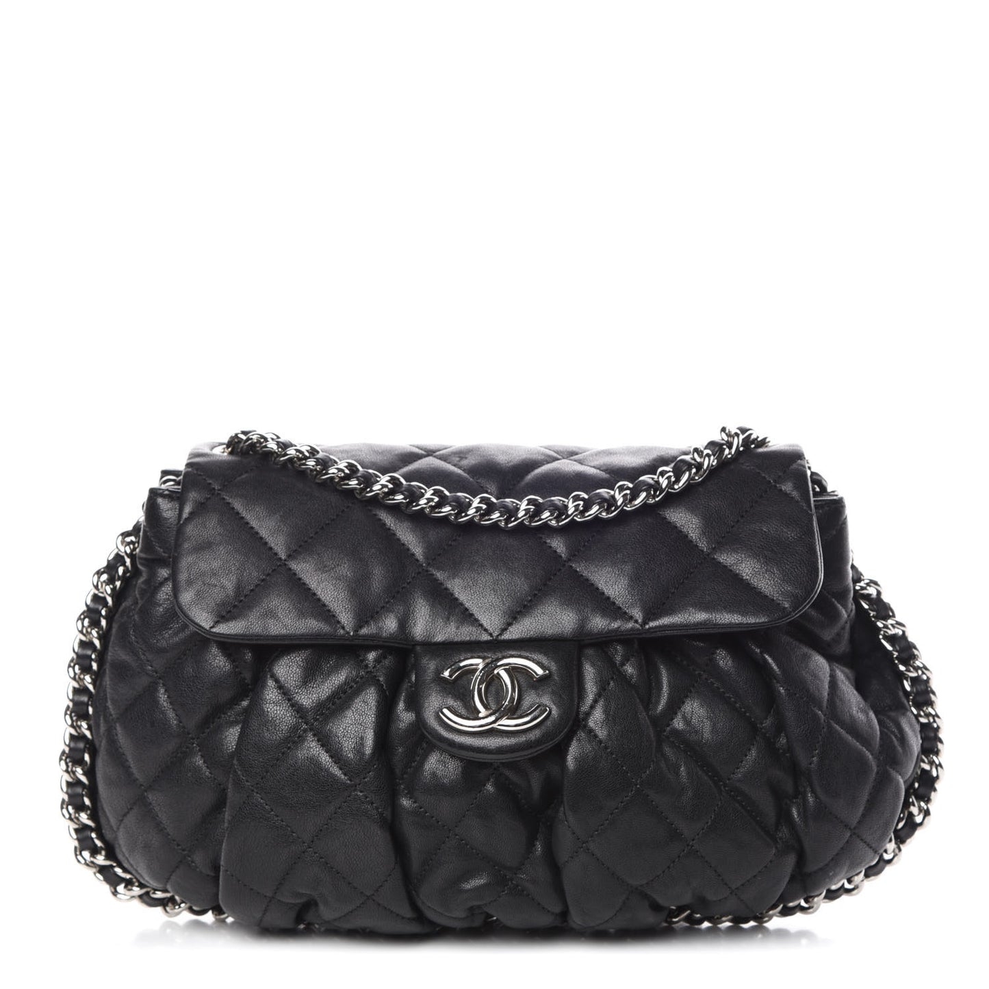 Washed Lambskin Quilted Medium Chain Around Messenger Black