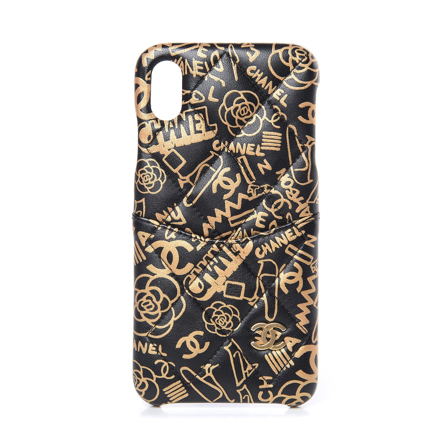 Lambskin Quilted iPhone X Max Coco Tech Egyptian Graffiti Case Black Gold