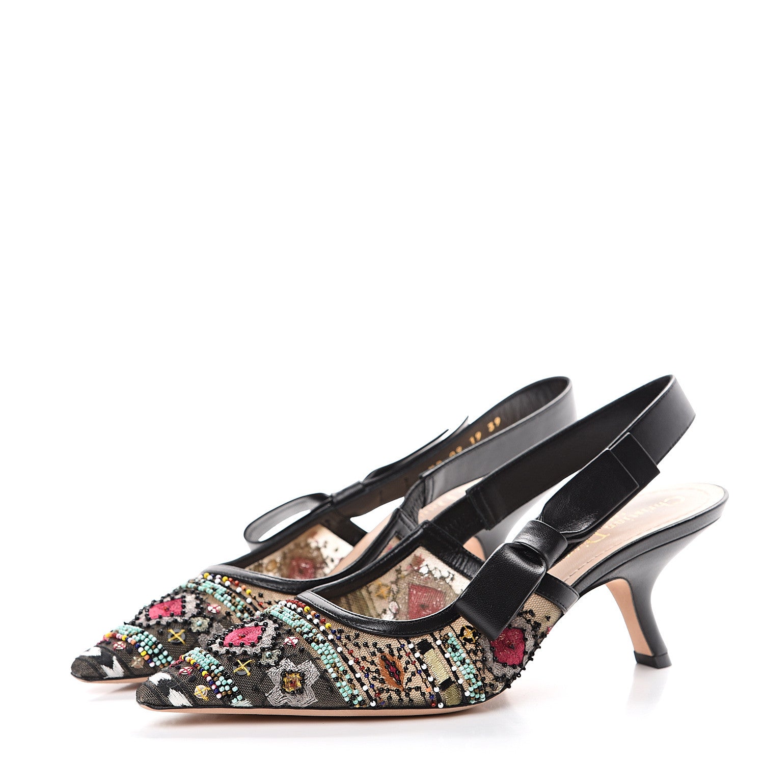 Christian Dior Embroidered Calfskin Beaded Sweet D Sling-Back Pumps 39 Black Turquoise 3 of 12
