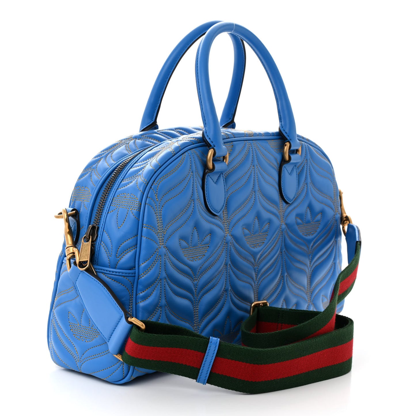 X ADIDAS Calfskin Trefoil Web GG Marmont Medium Duffle Bag Blue