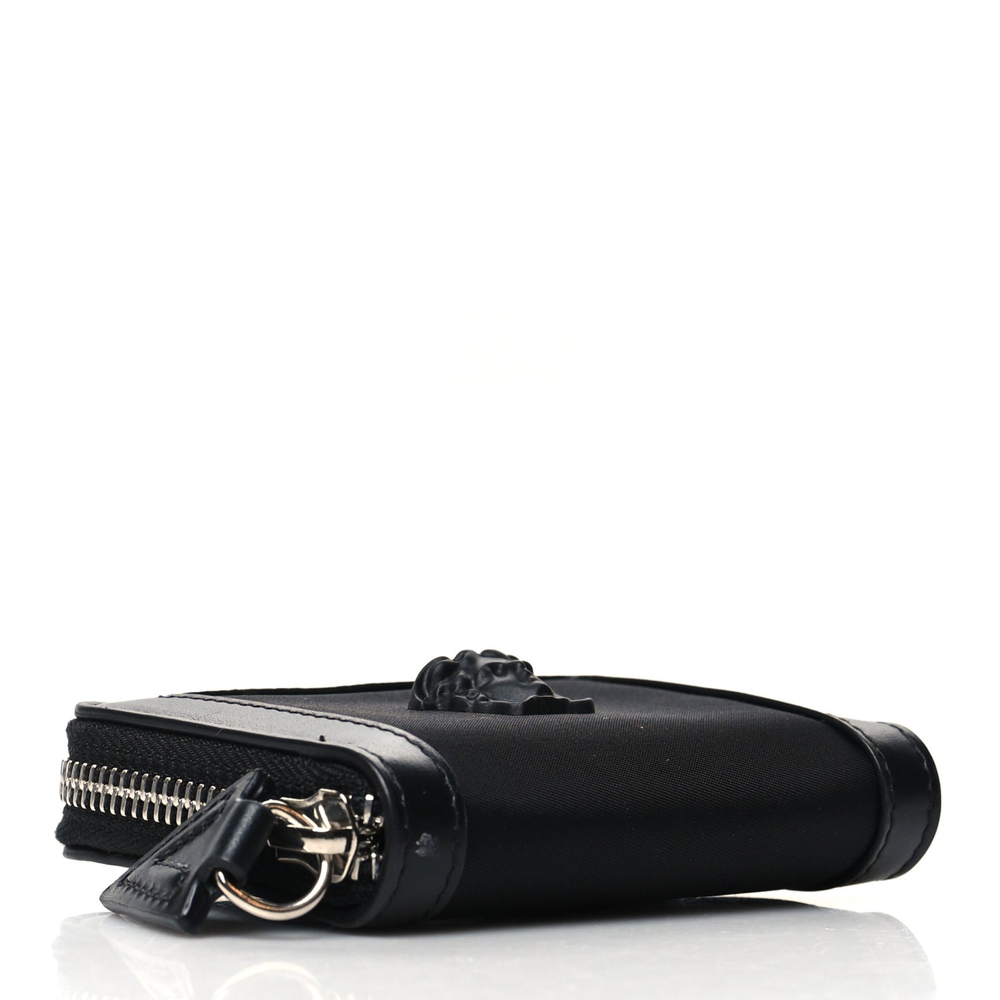 Calfskin Nylon La Medusa Zip Around Lanyard Wallet Black