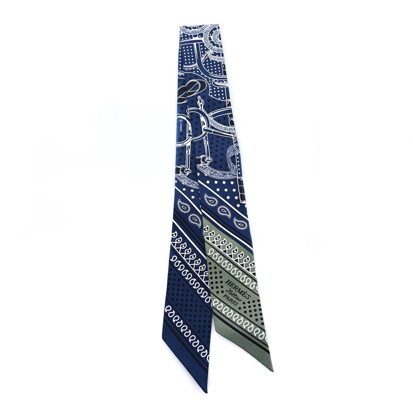 Silk Eperon d'Or Bandana Twilly Marine Vert Sauge White