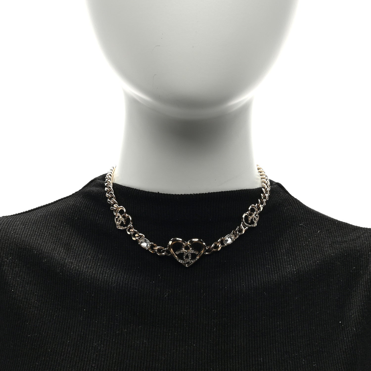 Chanel Metal Crystal Heart CC Chain Necklace Gold 2 of 4