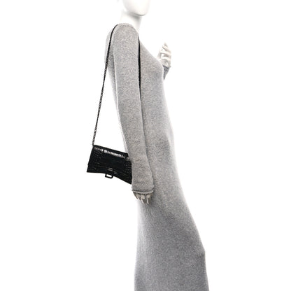 Balenciaga Shiny Calfskin Monochrome Crocodile Embossed Hourglass Chain Bag Black 2 of 11