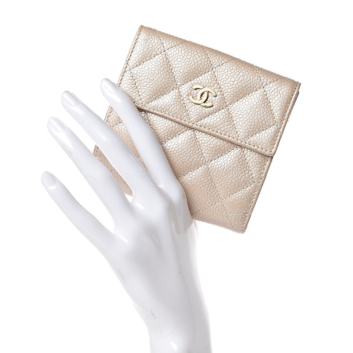 Metallic Caviar Quilted Compact French Flap Wallet Beige