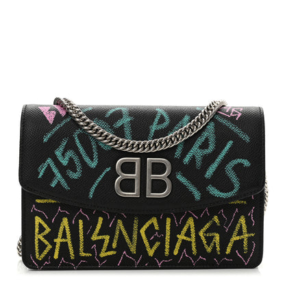 Balenciaga Grained Calfskin Graffiti BB Wallet On Chain Black 1 of 6