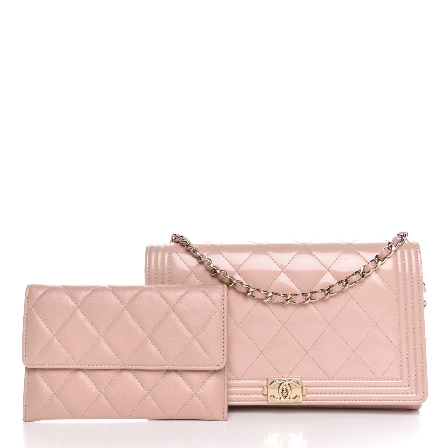Iridescent Calfskin Quilted Boy Wallet on Removable Chain Light Pink