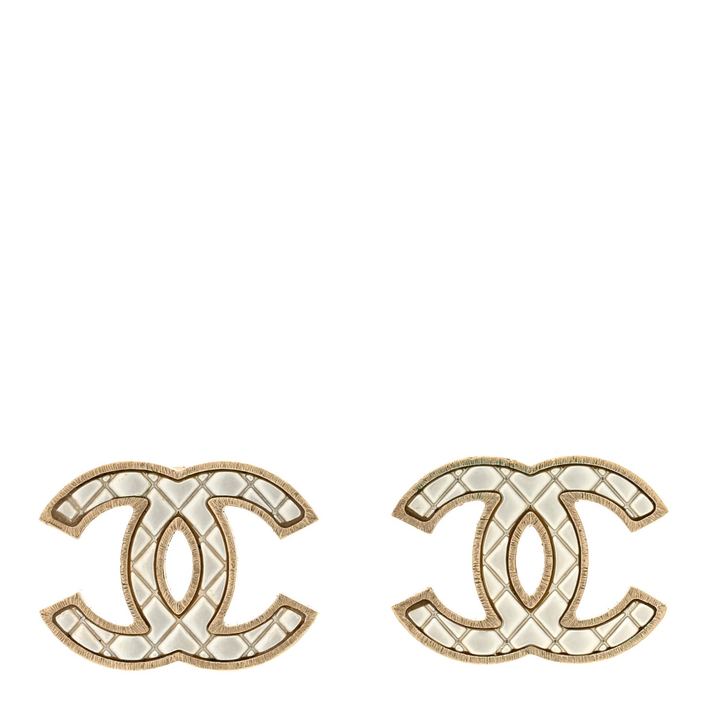 Metal Quilted CC Earrings Gold White