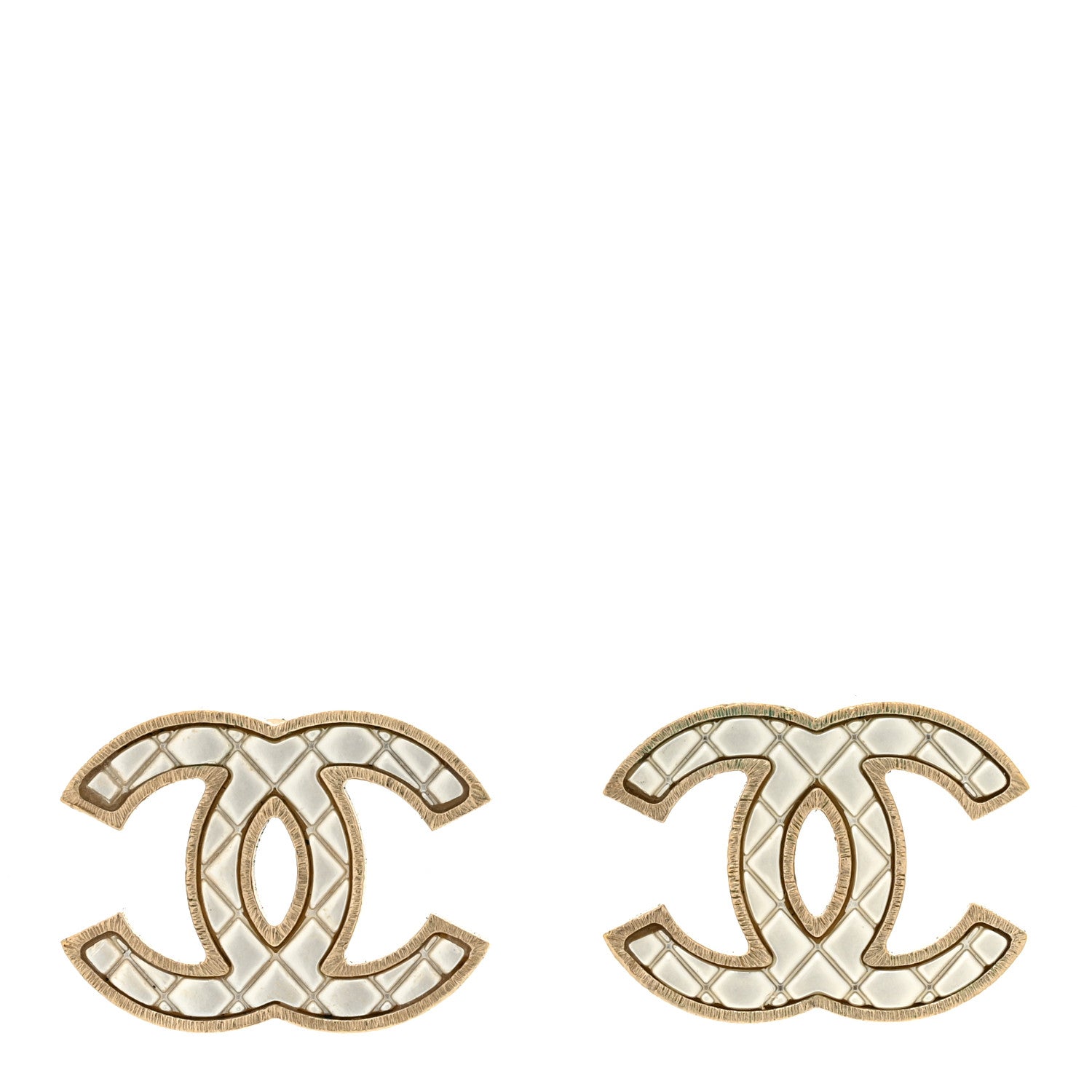 Chanel Metal Quilted CC Earrings Gold White 1 of 5