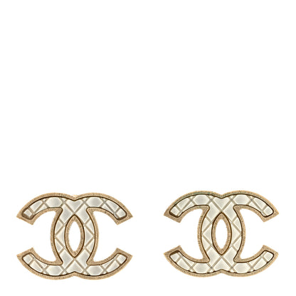 Chanel Metal Quilted CC Earrings Gold White 1 of 5