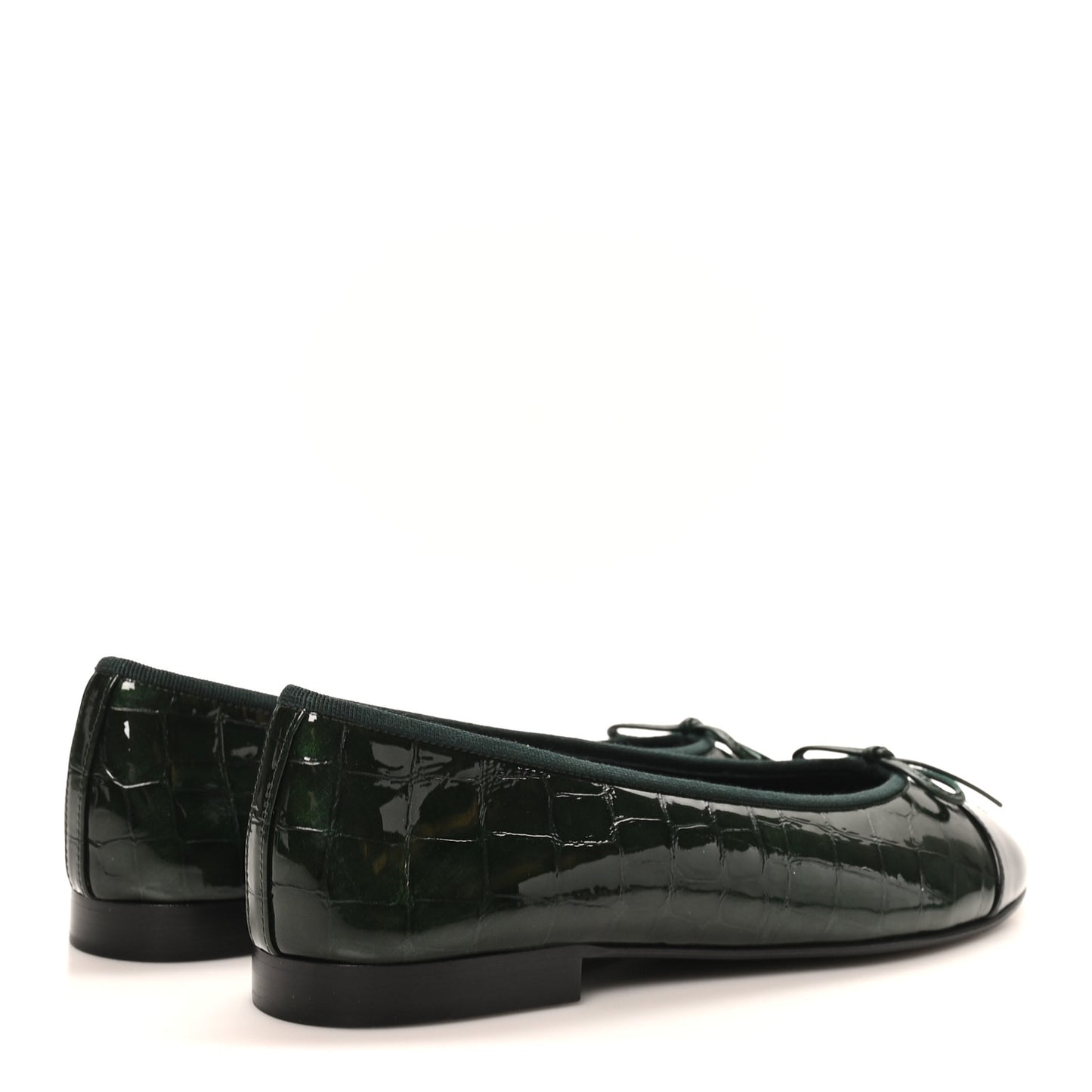 Crocodile Embossed Patent Calfskin Cap Toe CC Ballerina Flats 38 Dark Green Black