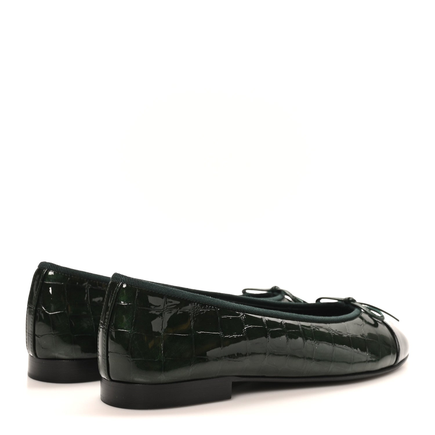 Chanel Crocodile Embossed Patent Calfskin Cap Toe CC Ballerina Flats 38 Dark Green Black 5 of 10
