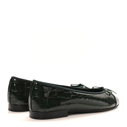Chanel Crocodile Embossed Patent Calfskin Cap Toe CC Ballerina Flats 38 Dark Green Black 5 of 10