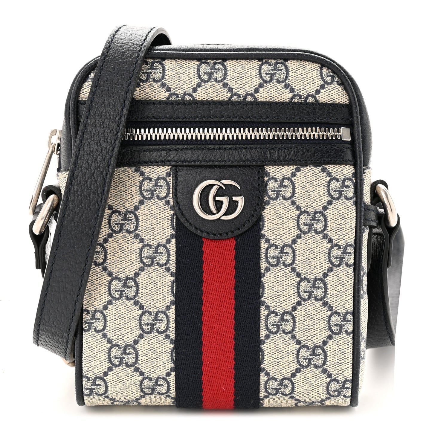 GG Supreme Monogram Textured Calfskin Web Mini Ophidia Messenger Beige Blue