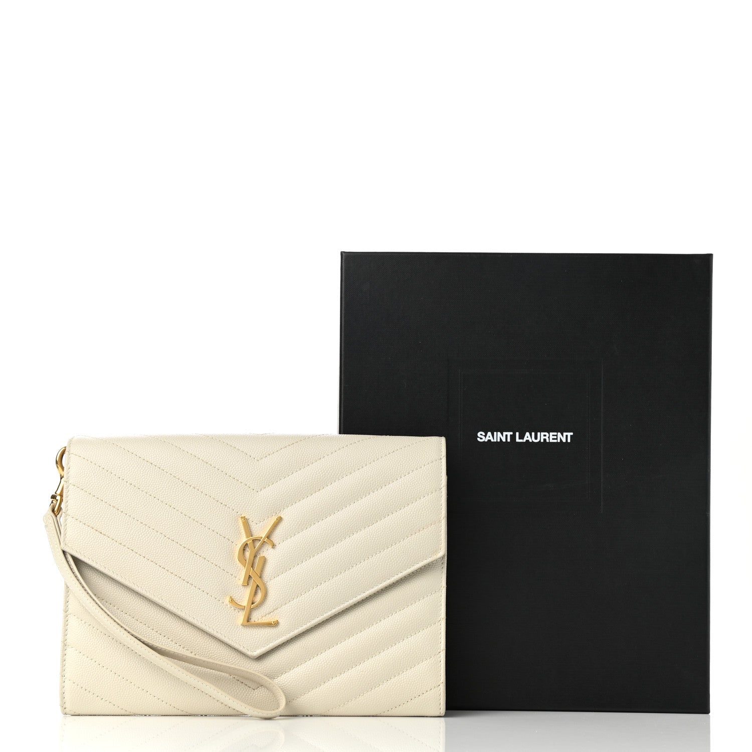 Saint Laurent Grain De Poudre Matelasse Chevron Monogram Envelope Clutch Crema Soft 8 of 8