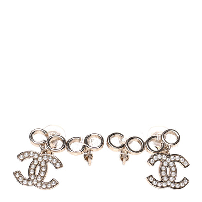 Chanel Metal Pearl CC Coco Climber Clip On Earrings Gold 1 of 5