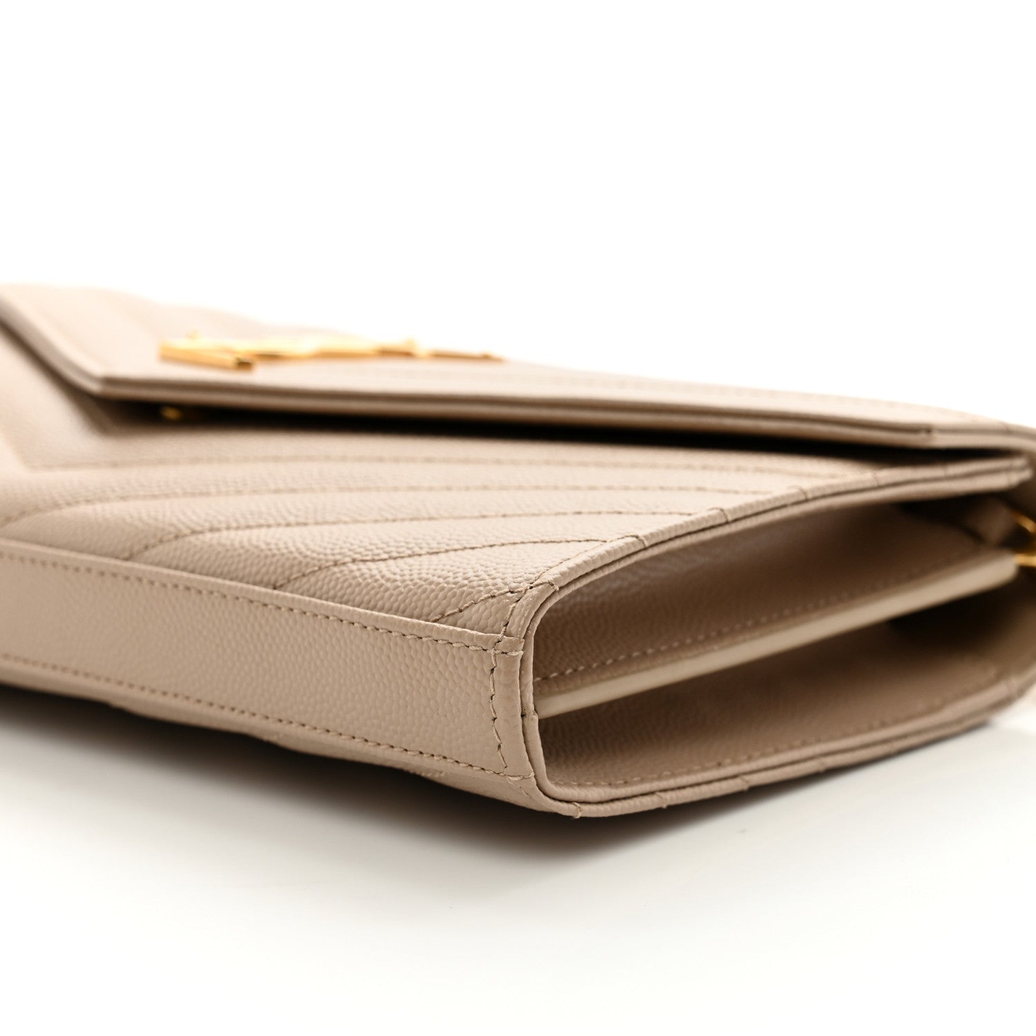 Saint Laurent Grain De Poudre Matelasse Chevron Monogram Chain Wallet Dark Beige 9 of 10