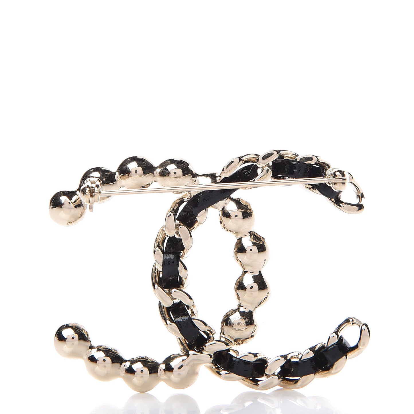 Patent Pearl CC Chain Brooch Black Gold