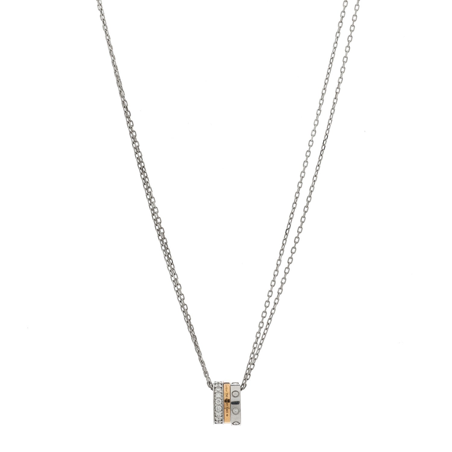 Cartier 18K White Pink Gold Diamond Three Ring LOVE Pendant Necklace 1 of 5