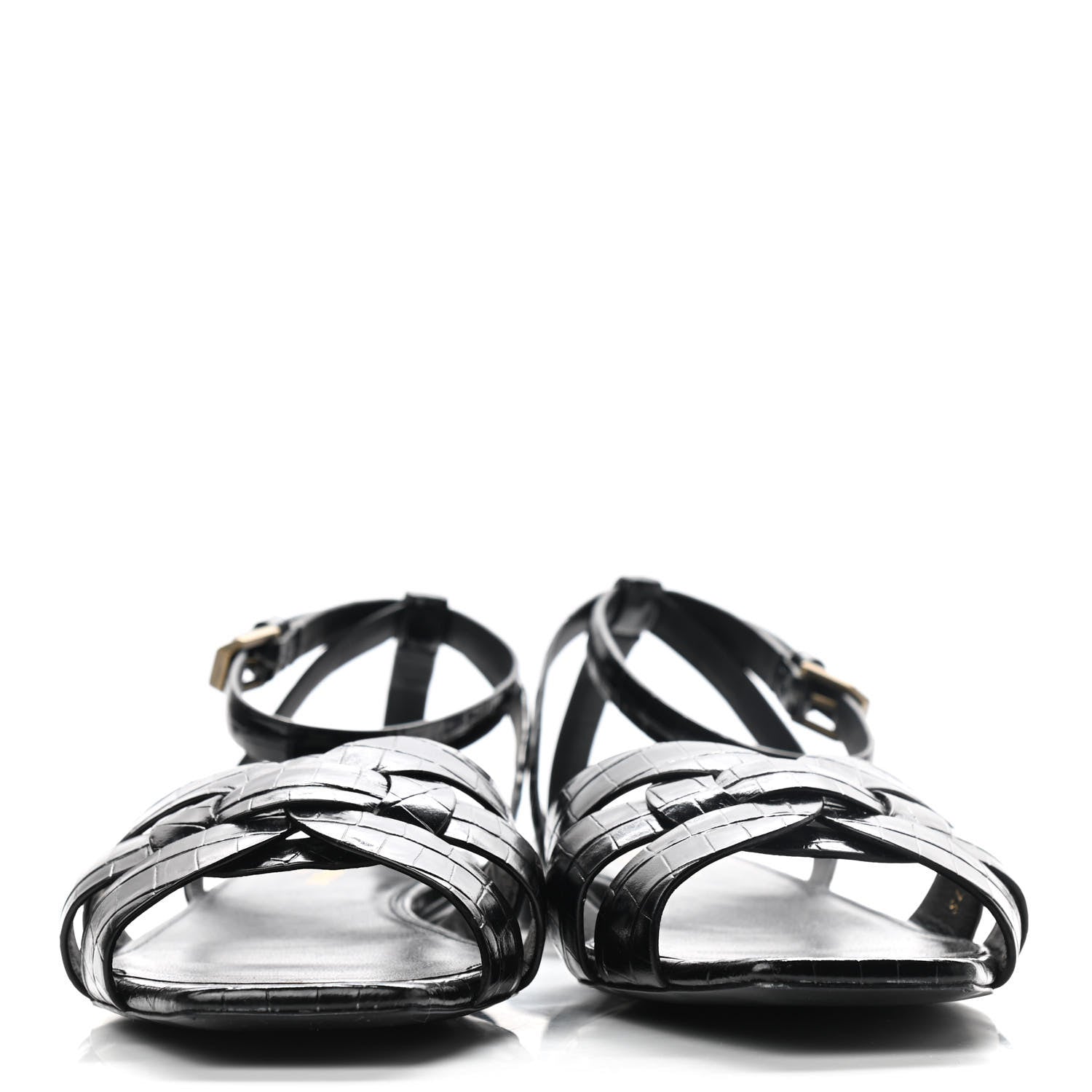 Saint Laurent Calfskin Crocodile Embossed Tribute 05 Ankle Strap Sandals 39.5 Black 2 of 9