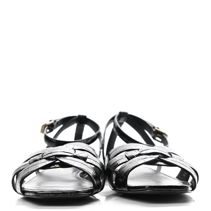 Saint Laurent Calfskin Crocodile Embossed Tribute 05 Ankle Strap Sandals 39.5 Black 2 of 9