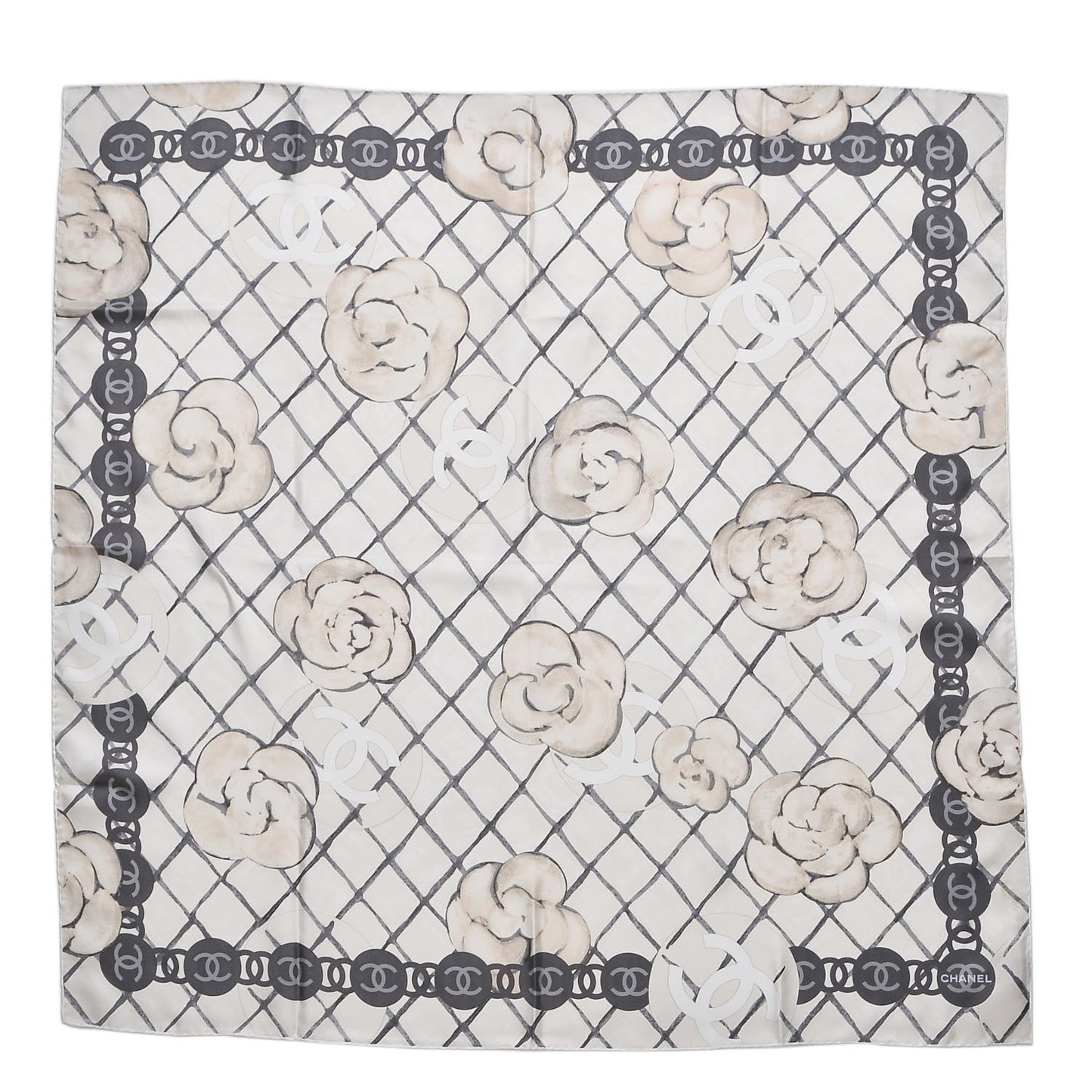 Silk CC Camellia Scarf Ivory Black