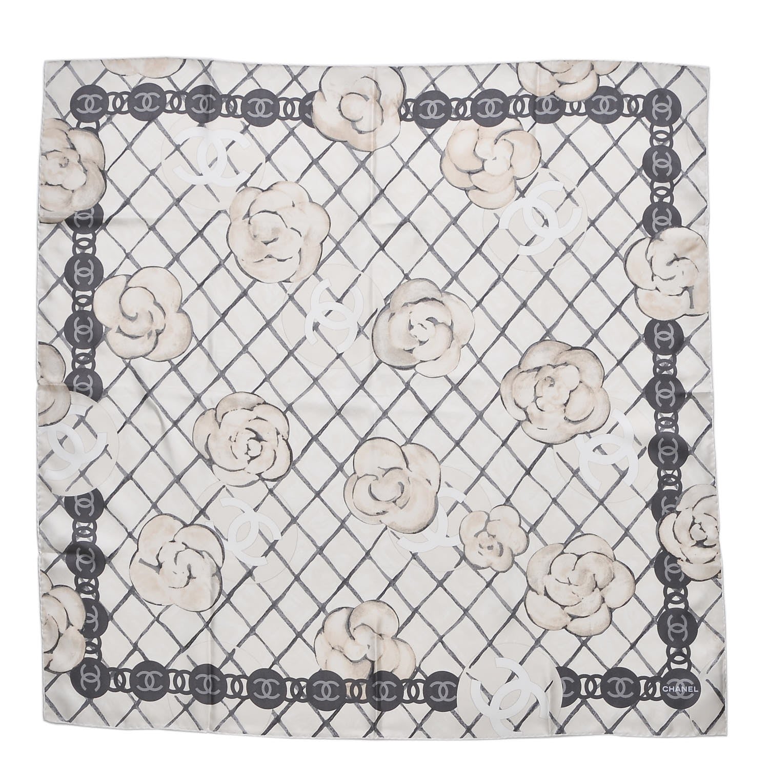 Chanel Silk CC Camellia Scarf Ivory Black 1 of 5