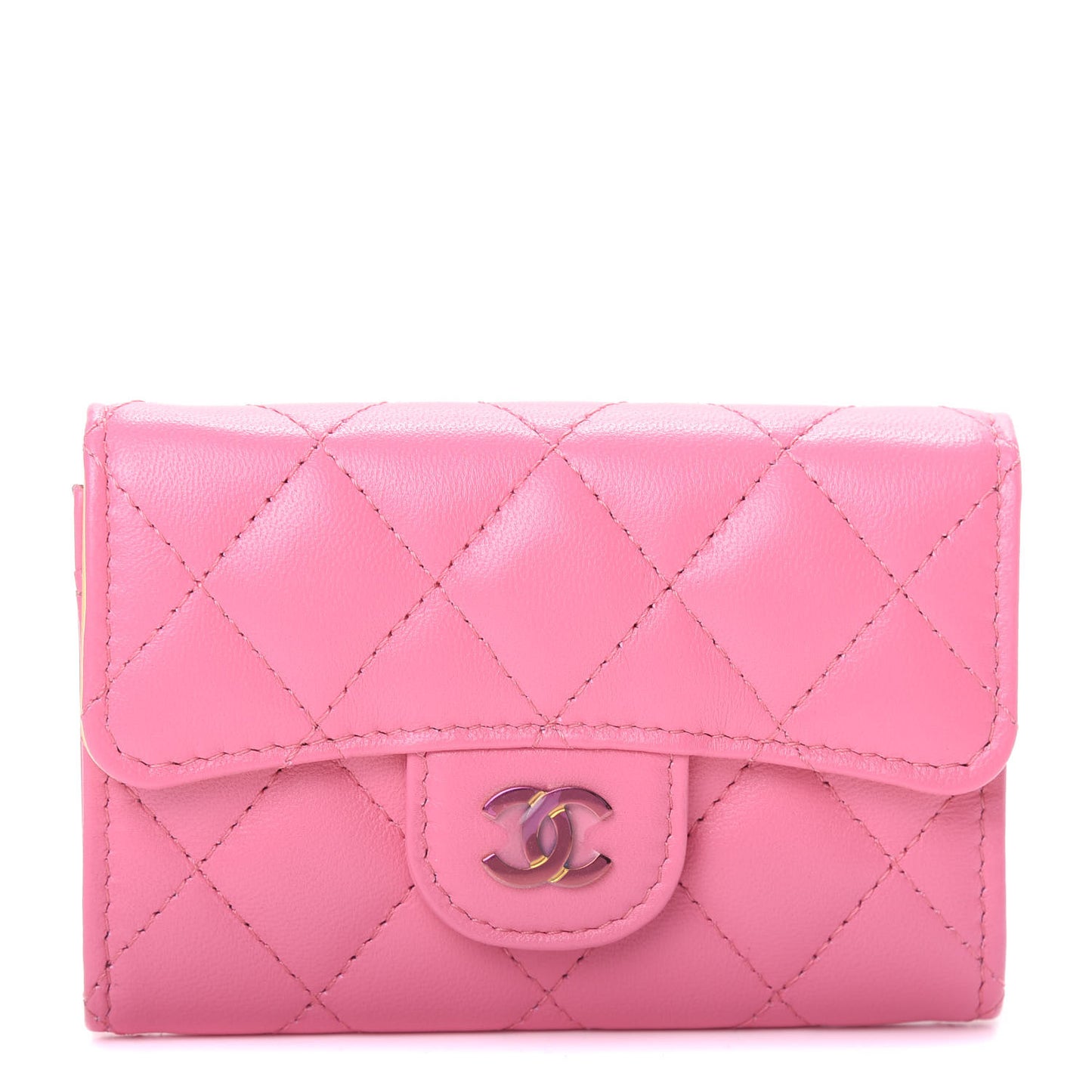 Lambskin Quilted Flap Card Holder Wallet Pink Yellow