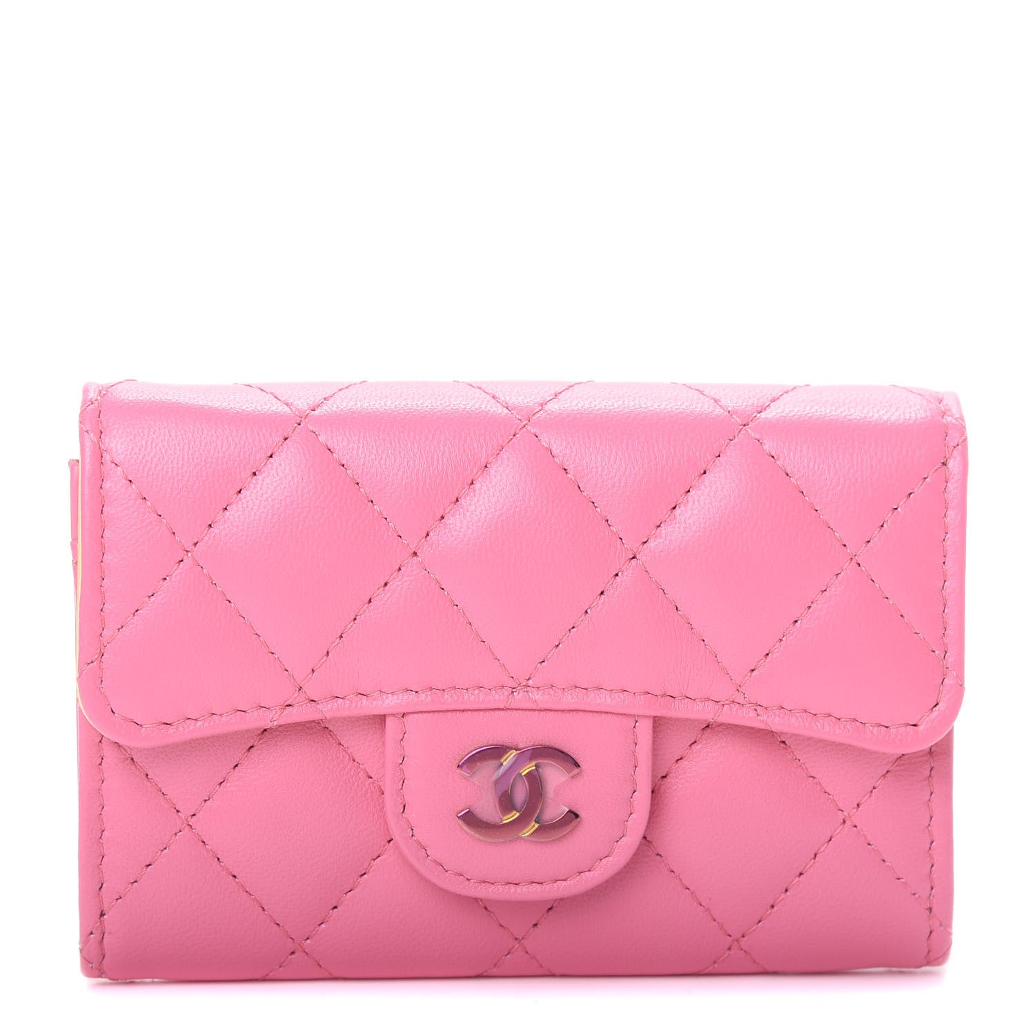 Chanel Lambskin Quilted Flap Card Holder Wallet Pink Yellow 1 of 9