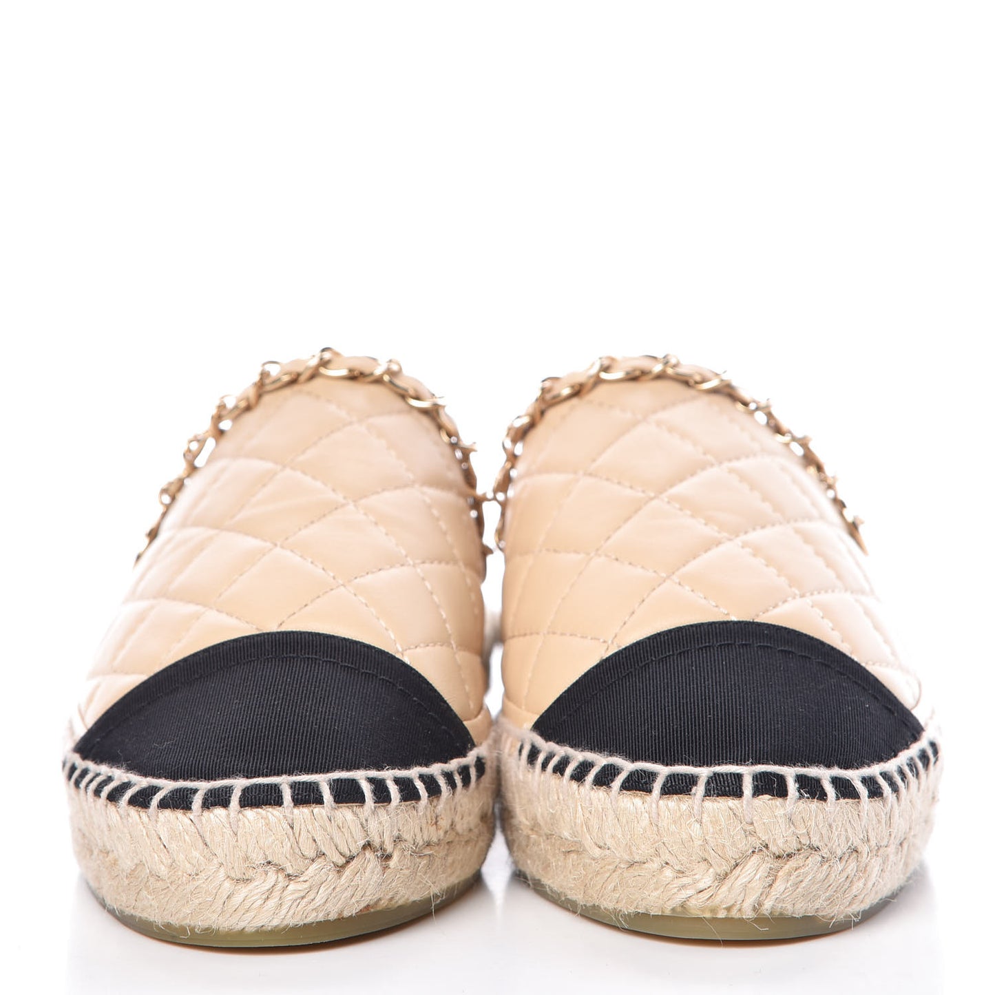 Lambskin Grosgrain Quilted CC Chain Espadrille Mules 35 Beige Black