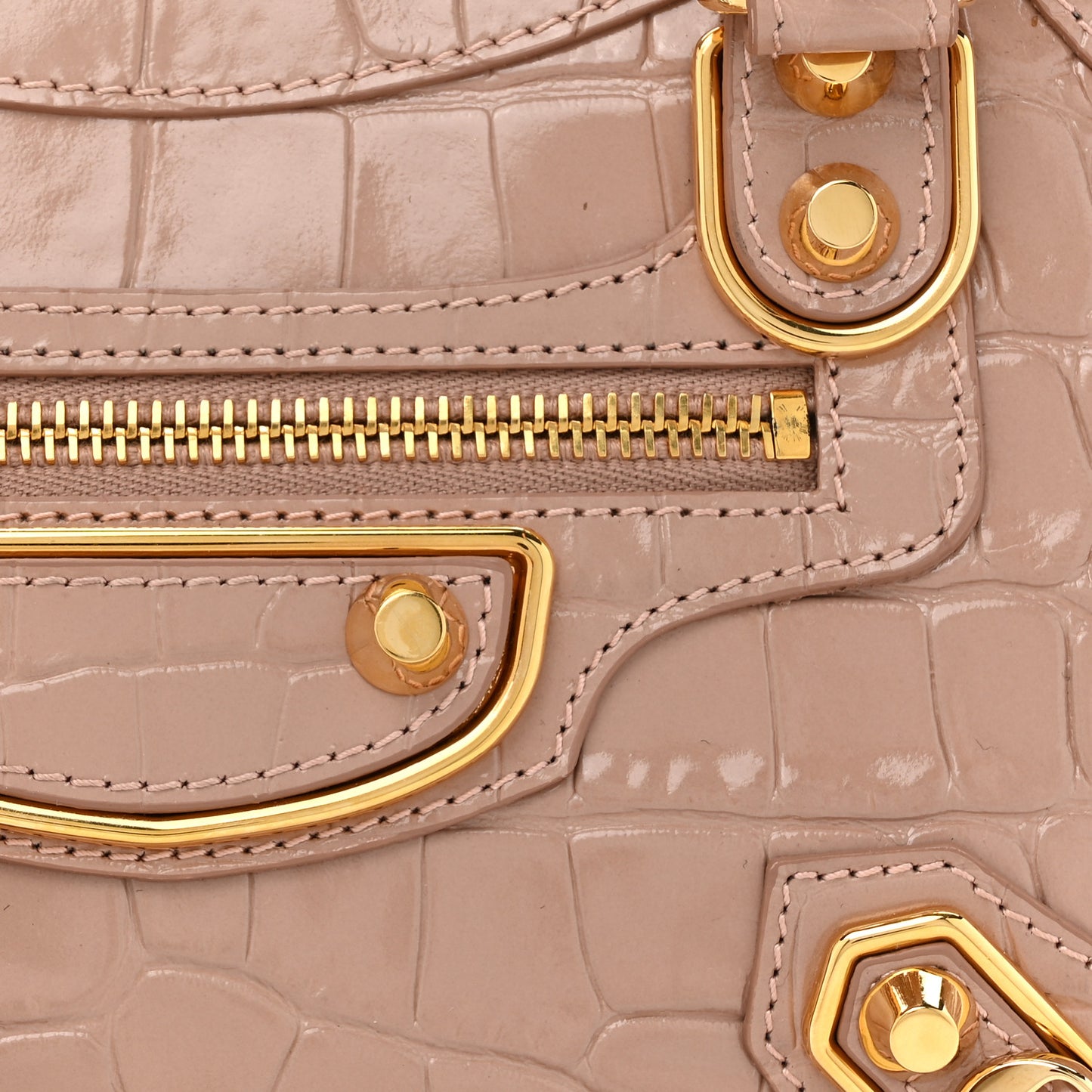 Shiny Supple Calfskin Crocodile Embossed Gold Metallic Edge Hardware Mini City Nude Beige